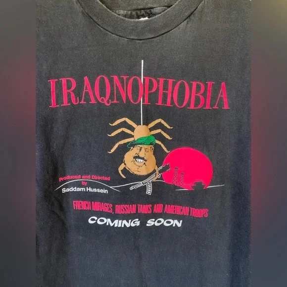 Vintage 90s Faded Black “Iraqnophobia” War Prop. Novelty Graphic Tee Hanes Beefy - Picture 3 of 5